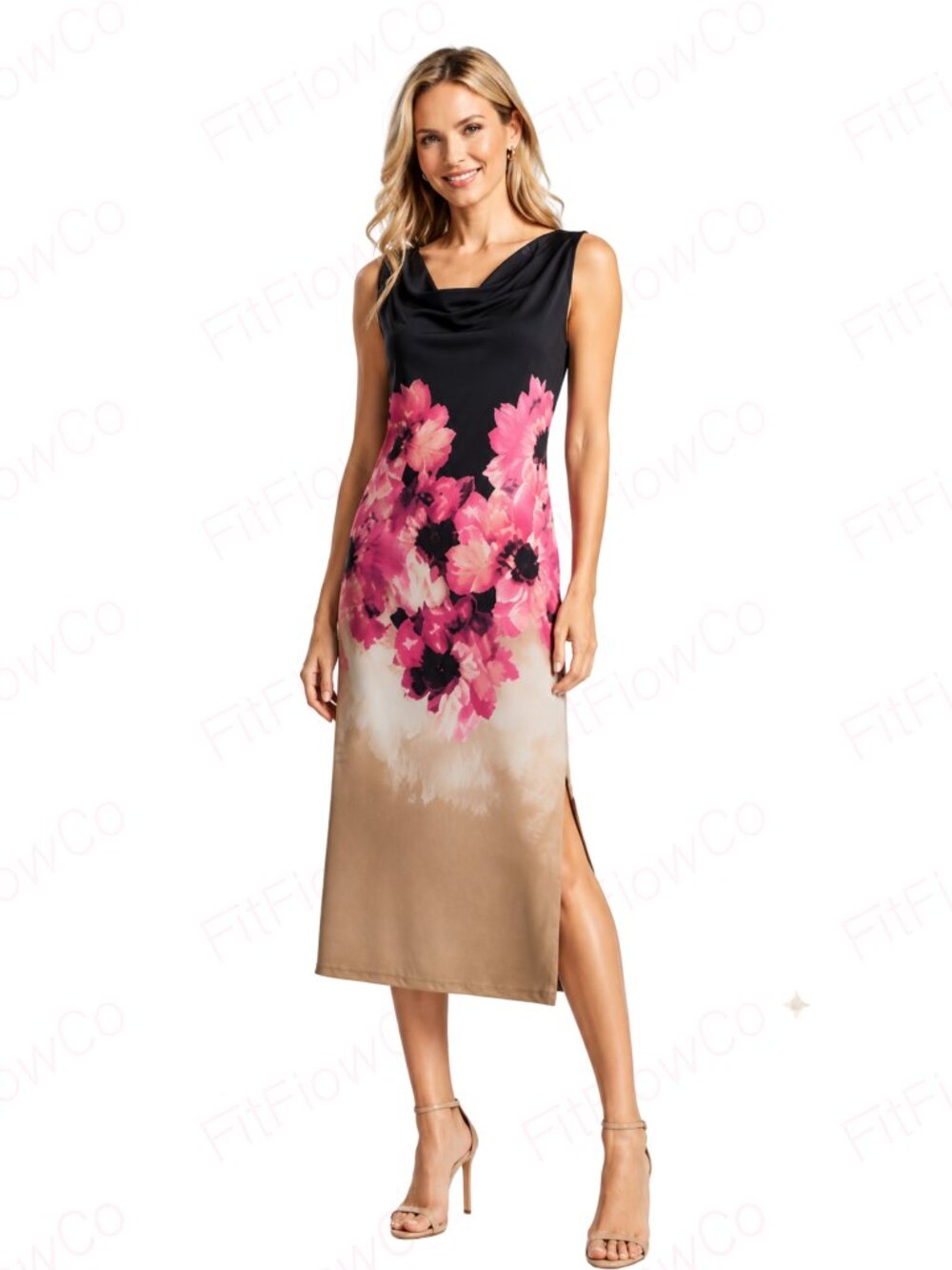 DKNY Floral Cowl Neck Midi Dress 4P NWT Petite Side Slit Pink Black